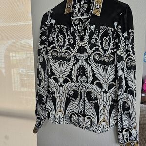 Just Cavalli Black and Gold Baroque Button Down Shirt